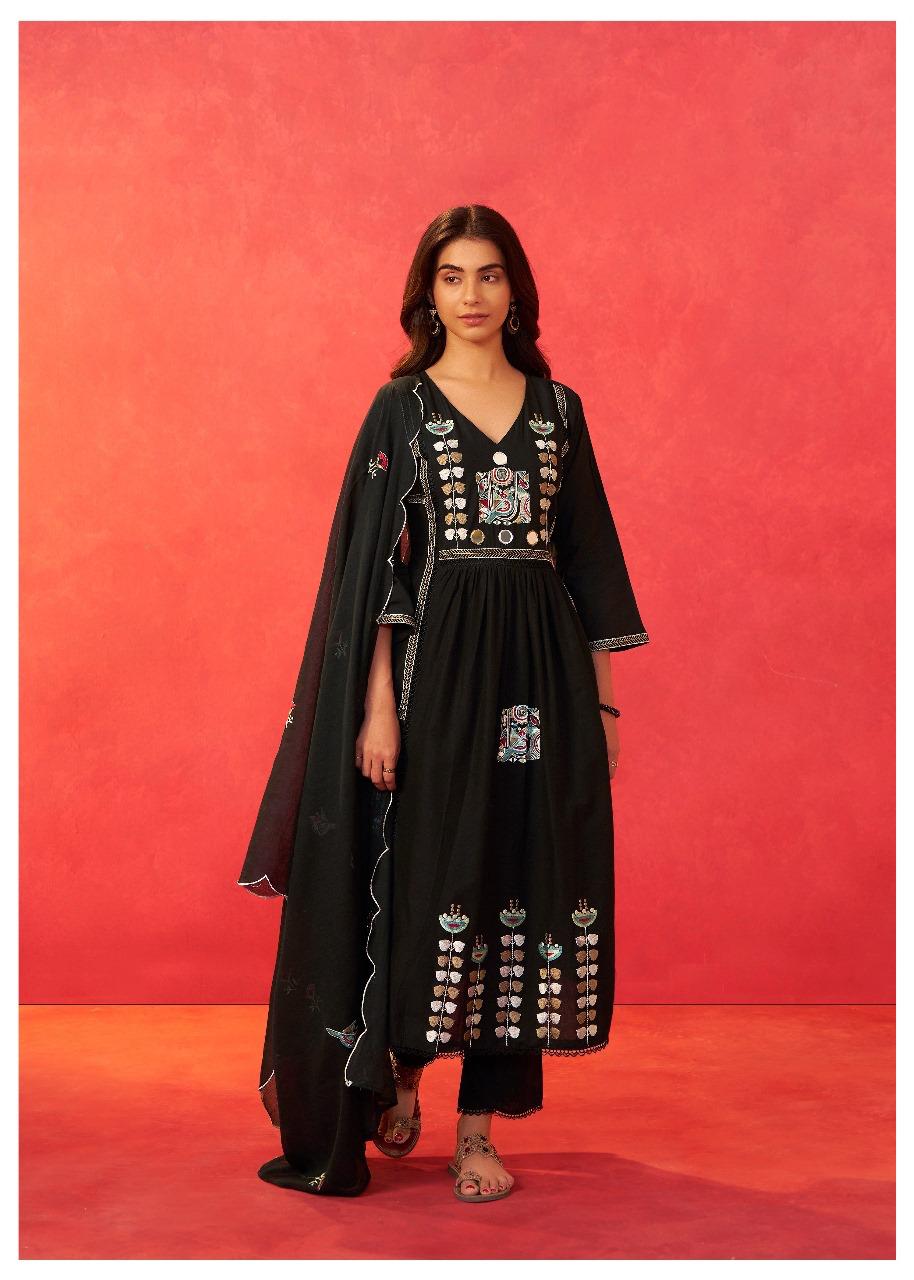 Fully embroidered mirror work suit set in black