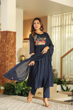 Premium Mul cotton embroidered with pretty neckline in blue