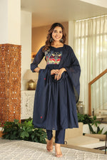 Premium Mul cotton embroidered with pretty neckline in blue