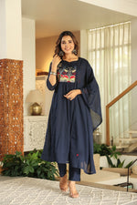 Premium Mul cotton embroidered with pretty neckline in blue