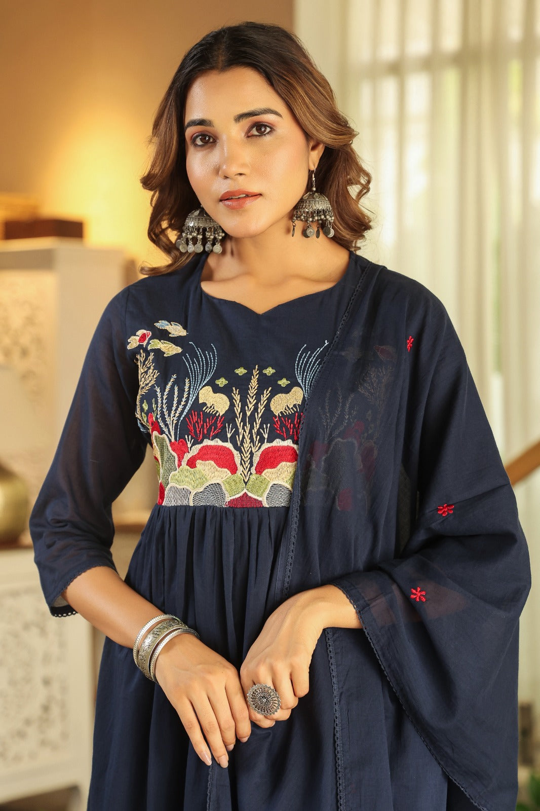 Premium Mul cotton embroidered with pretty neckline in blue