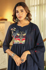 Premium Mul cotton embroidered with pretty neckline in blue