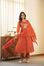 Premium Mul cotton embroidered with pretty neckline in rust