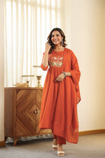 Premium Mul cotton embroidered with pretty neckline in rust