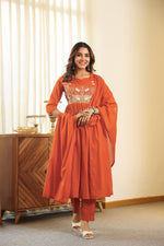 Premium Mul cotton embroidered with pretty neckline in rust