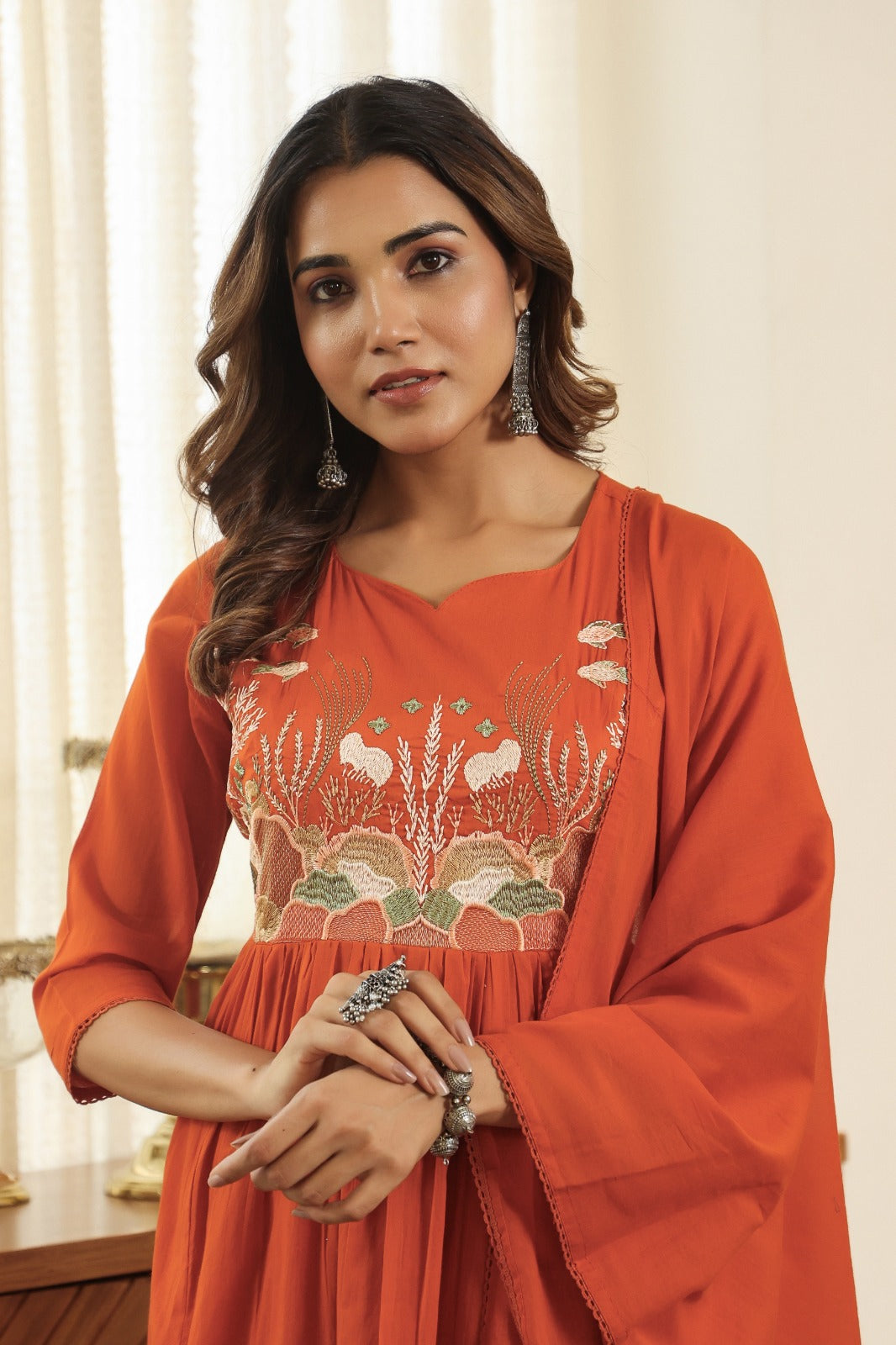 Premium Mul cotton embroidered with pretty neckline in rust