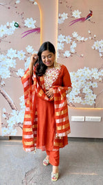 Beautiful Mul Chanderi Anarkali paired with tissue dupatta in rust(margin available)