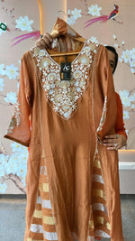 Beautiful Mul Chanderi Anarkali paired with tissue dupatta in brown (margin available)