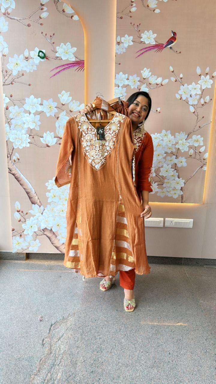 Beautiful Mul Chanderi Anarkali paired with tissue dupatta in brown (margin available)