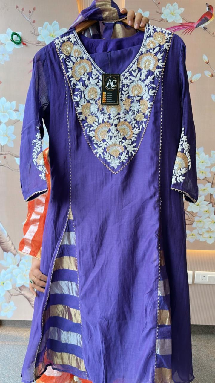 Beautiful Mul Chanderi Anarkali paired with tissue dupatta in purple (margin available)