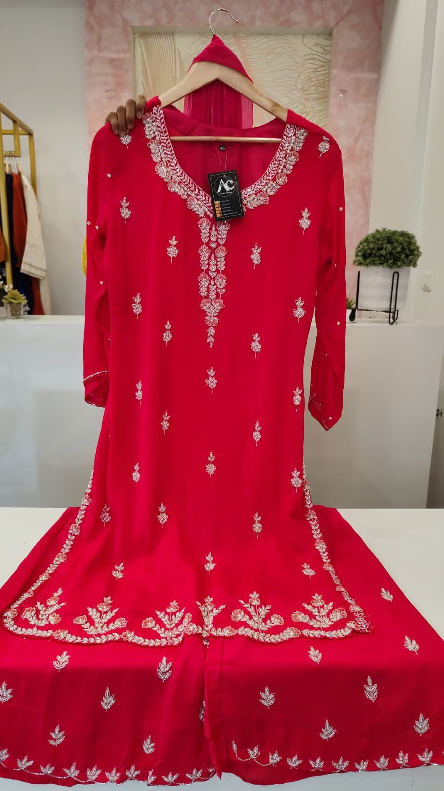 Beautiful handwork party wear chinon full suit in Rani pink