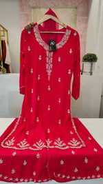 Beautiful handwork party wear chinon full suit in Rani pink