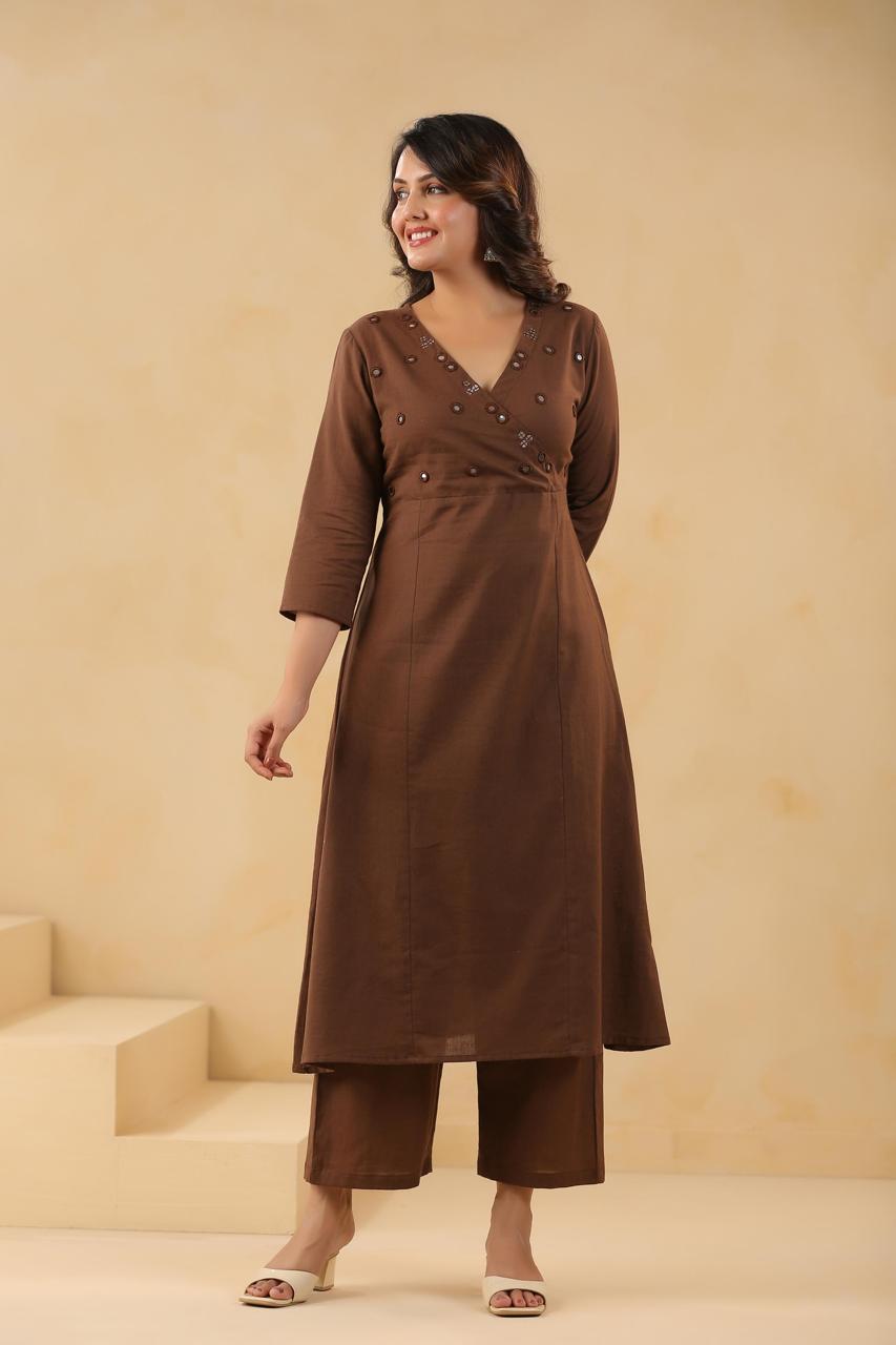 Mirror work Angrakha flex cotton kurta pant