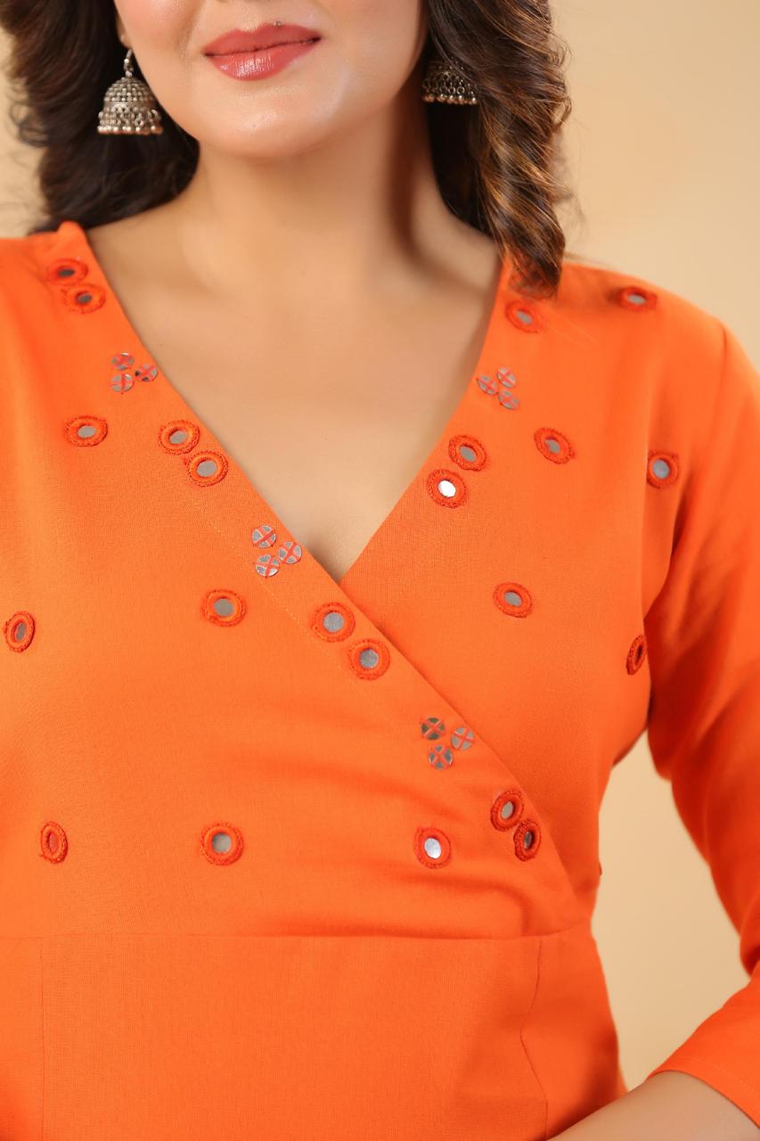 Mirror work Angrakha flex cotton kurta pant in orange