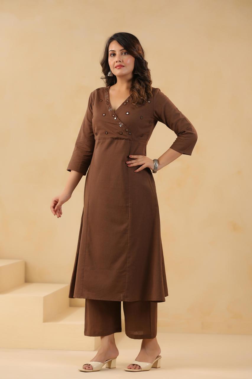 Mirror work Angrakha flex cotton kurta pant