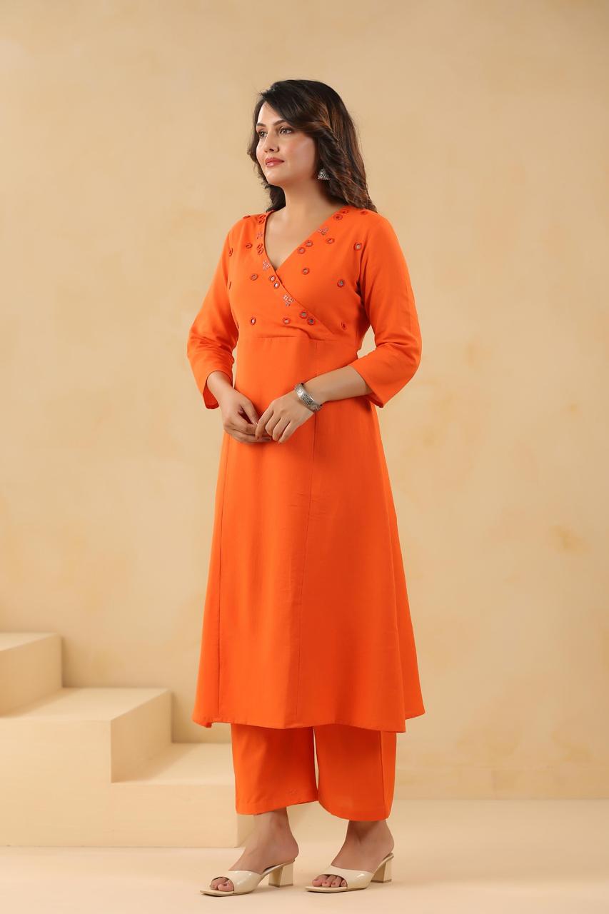 Mirror work Angrakha flex cotton kurta pant in orange