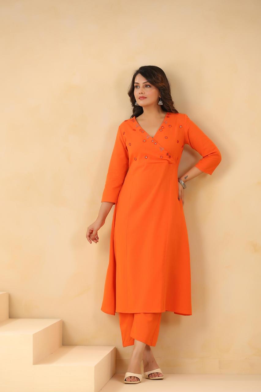 Mirror work Angrakha flex cotton kurta pant in orange