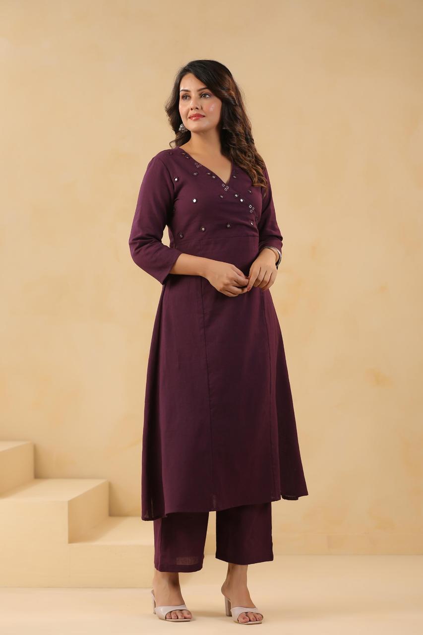 Mirror work Angrakha flex cotton kurta pant in purple