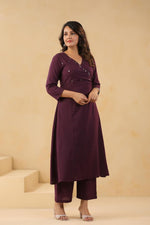 Mirror work Angrakha flex cotton kurta pant in purple