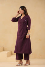 Mirror work Angrakha flex cotton kurta pant in purple
