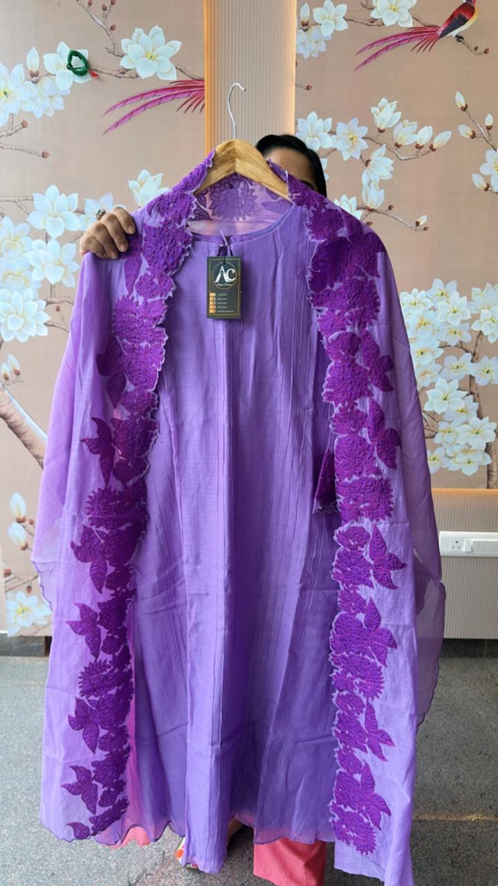 Pretty purple appliqué work Mul Chanderi suit set