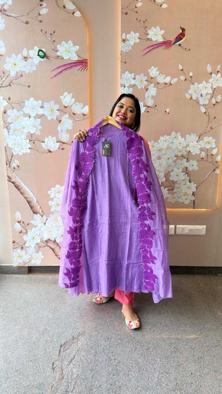 Pretty purple appliqué work Mul Chanderi suit set