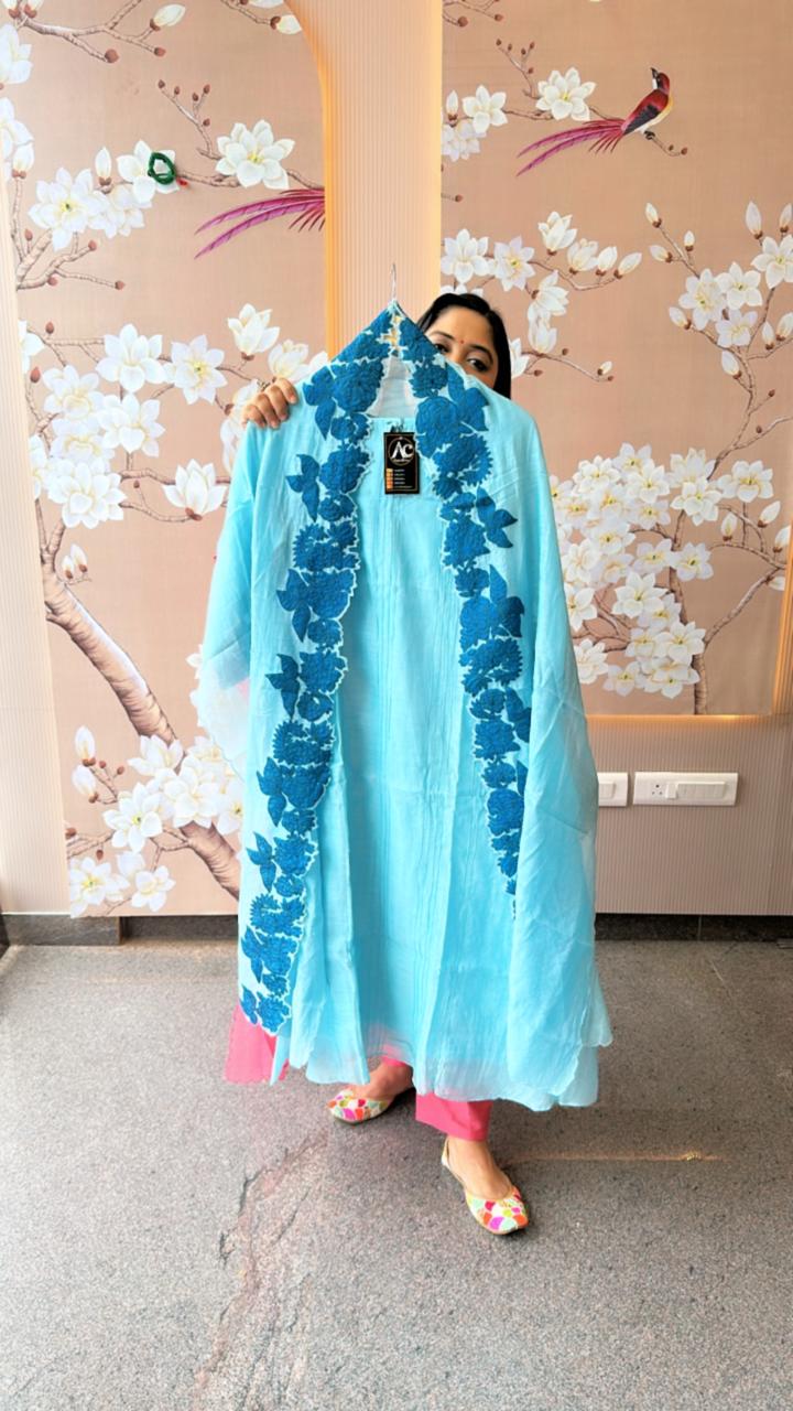 Pretty blue appliqué work Mul Chanderi suit set