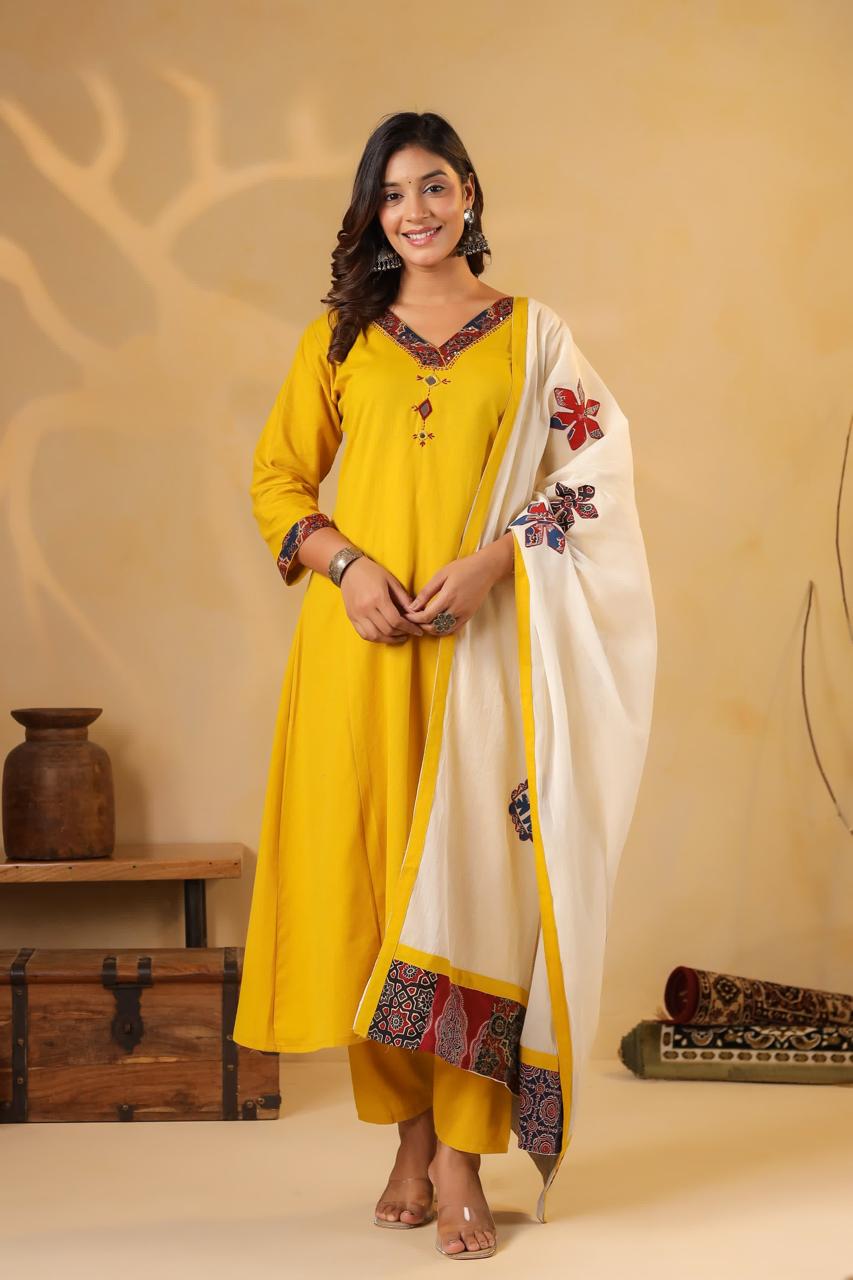 Pure cotton appliqué suit set paired with super soft dupatta