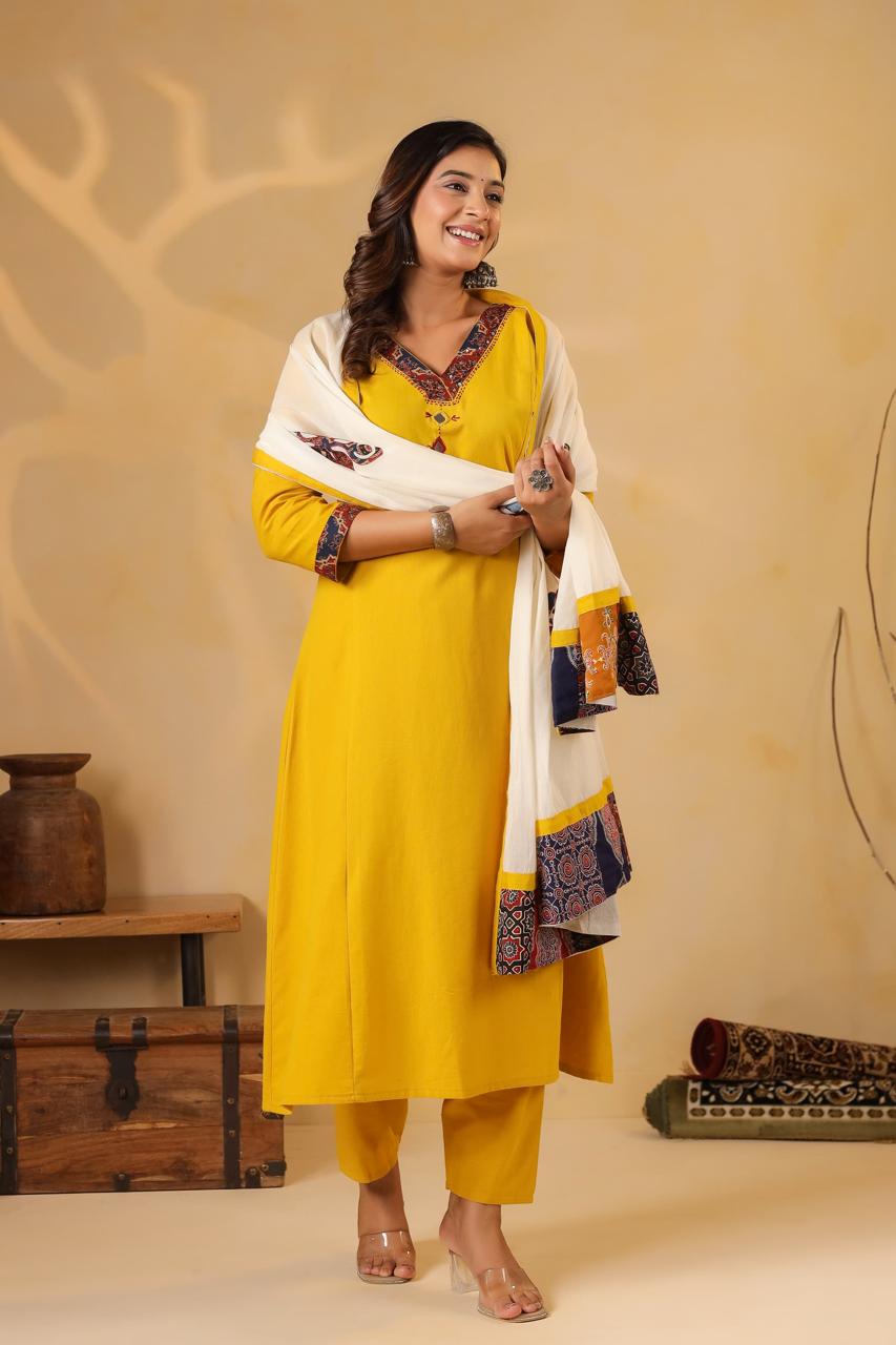 Pure cotton appliqué suit set paired with super soft dupatta