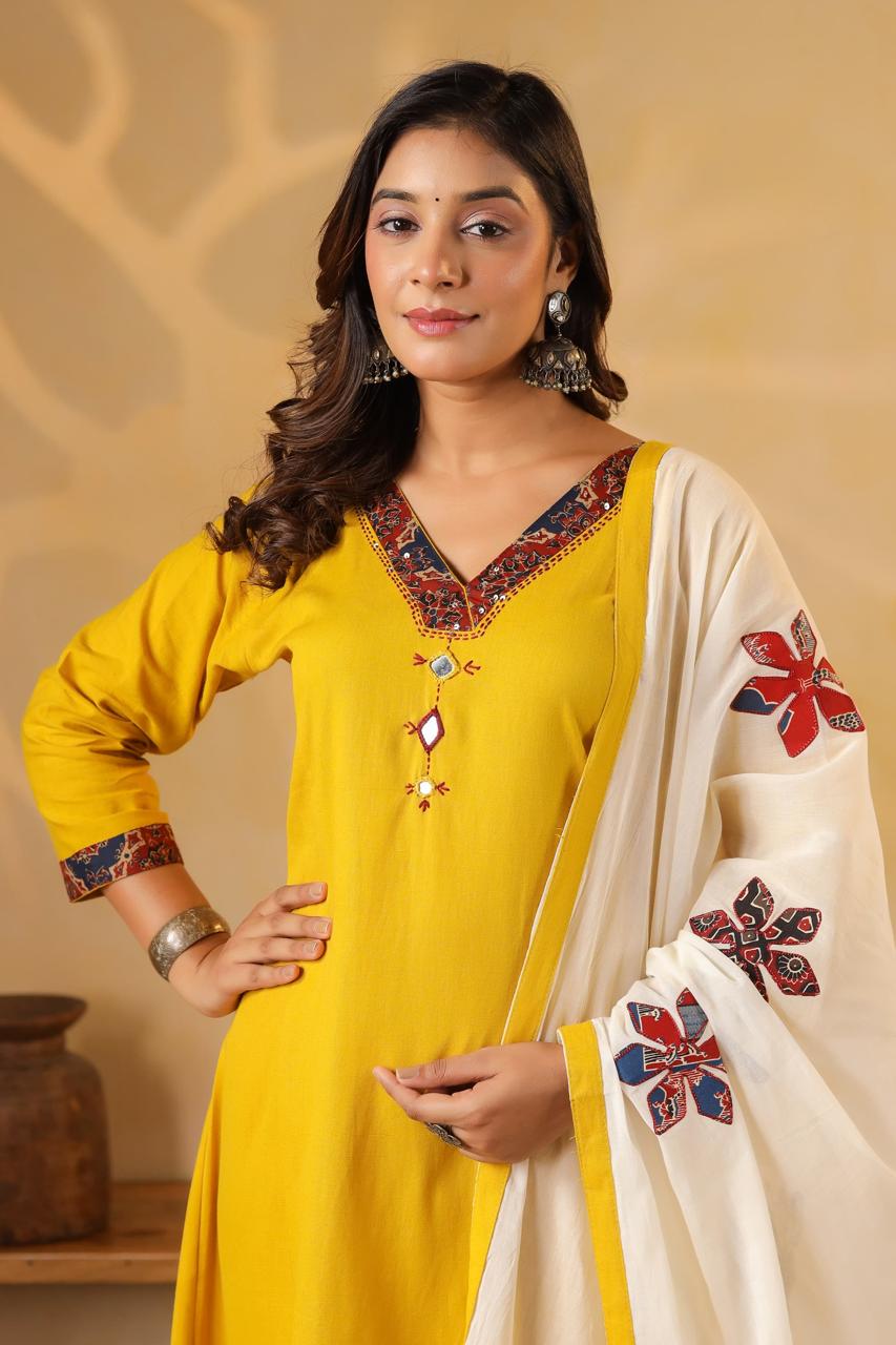 Pure cotton appliqué suit set paired with super soft dupatta