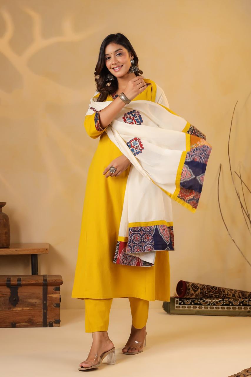 Pure cotton appliqué suit set paired with super soft dupatta