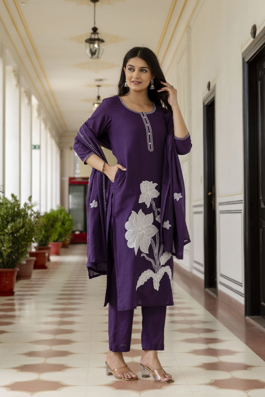 Pretty cotton appliqué dupatta suit set