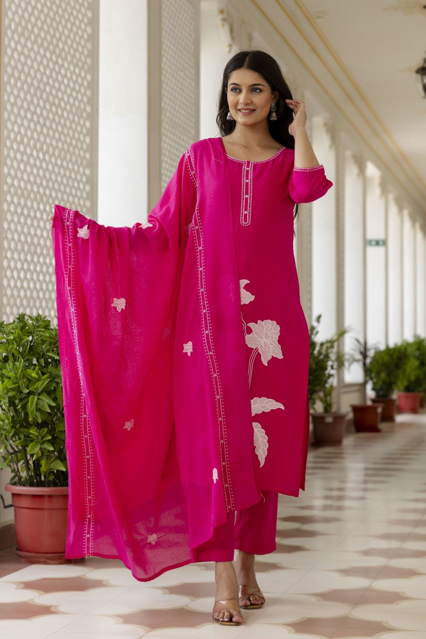 Pretty cotton appliqué dupatta suit set in pink