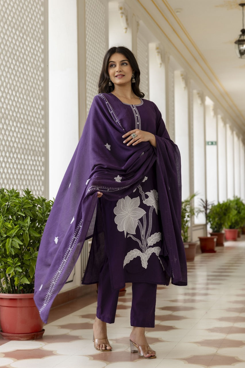 Pretty cotton appliqué dupatta suit set
