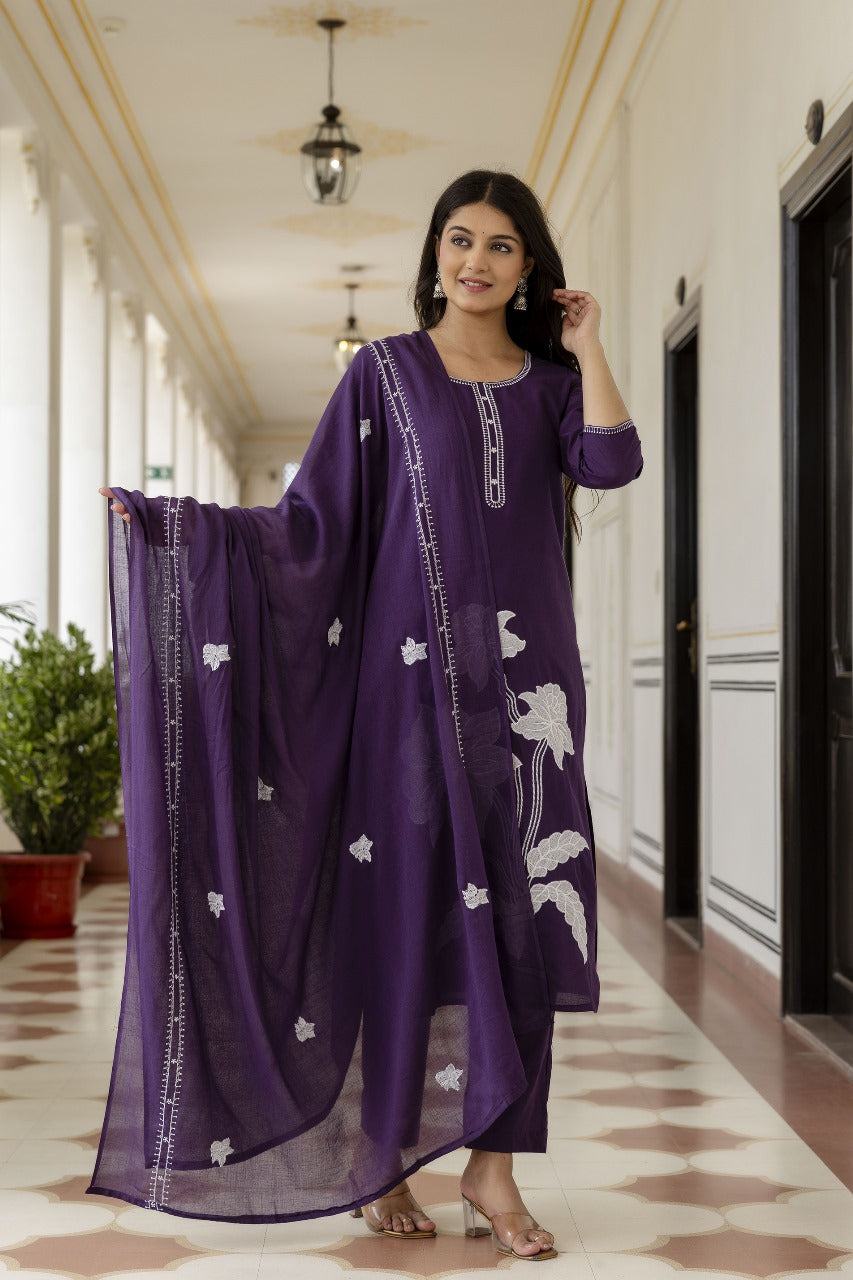 Pretty cotton appliqué dupatta suit set
