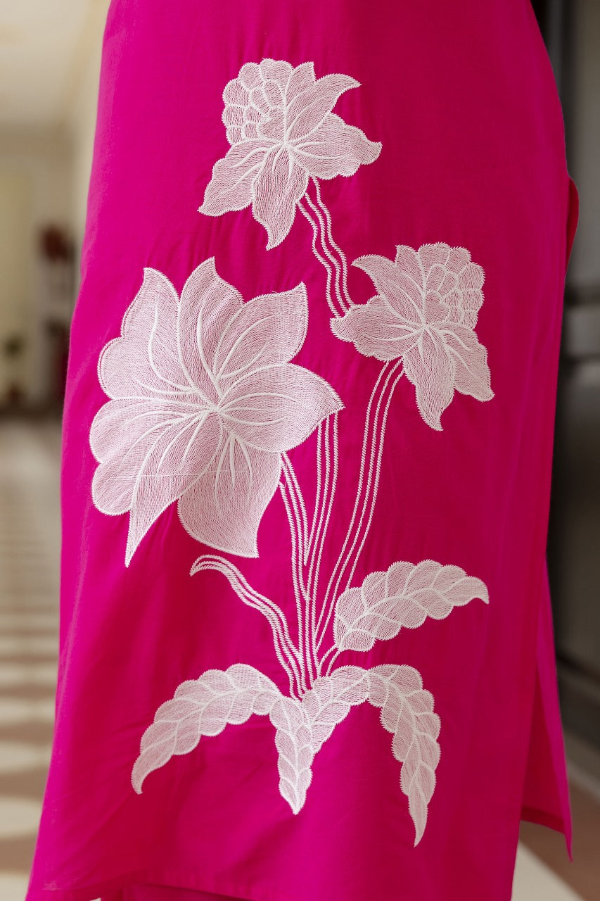 Pretty cotton appliqué dupatta suit set in pink