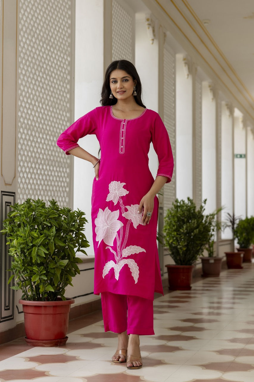 Pretty cotton appliqué dupatta suit set in pink