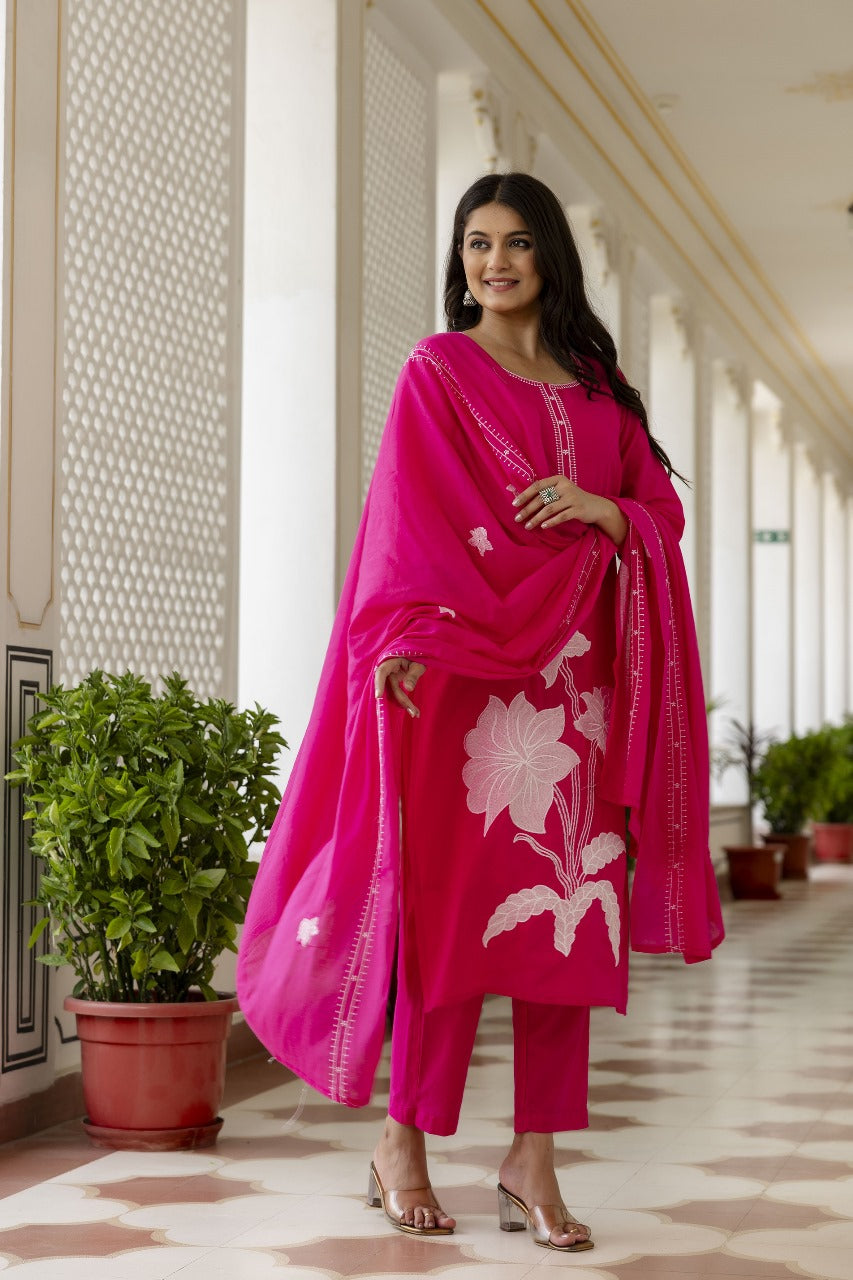 Pretty cotton appliqué dupatta suit set in pink