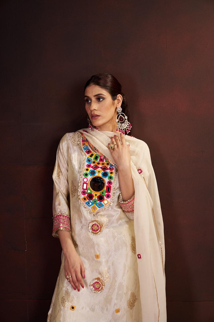 Mirror work tissue slim fit suit set