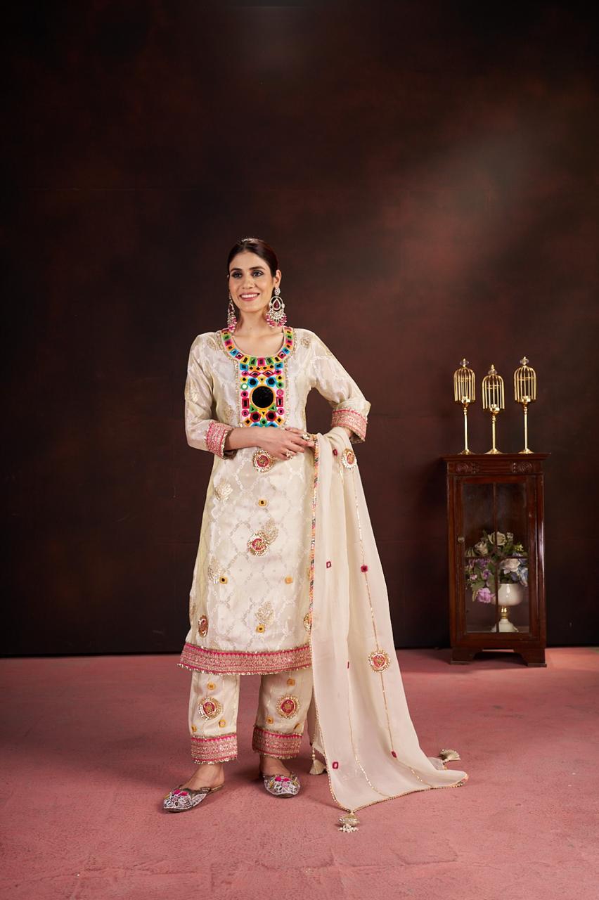 Mirror work tissue slim fit suit set