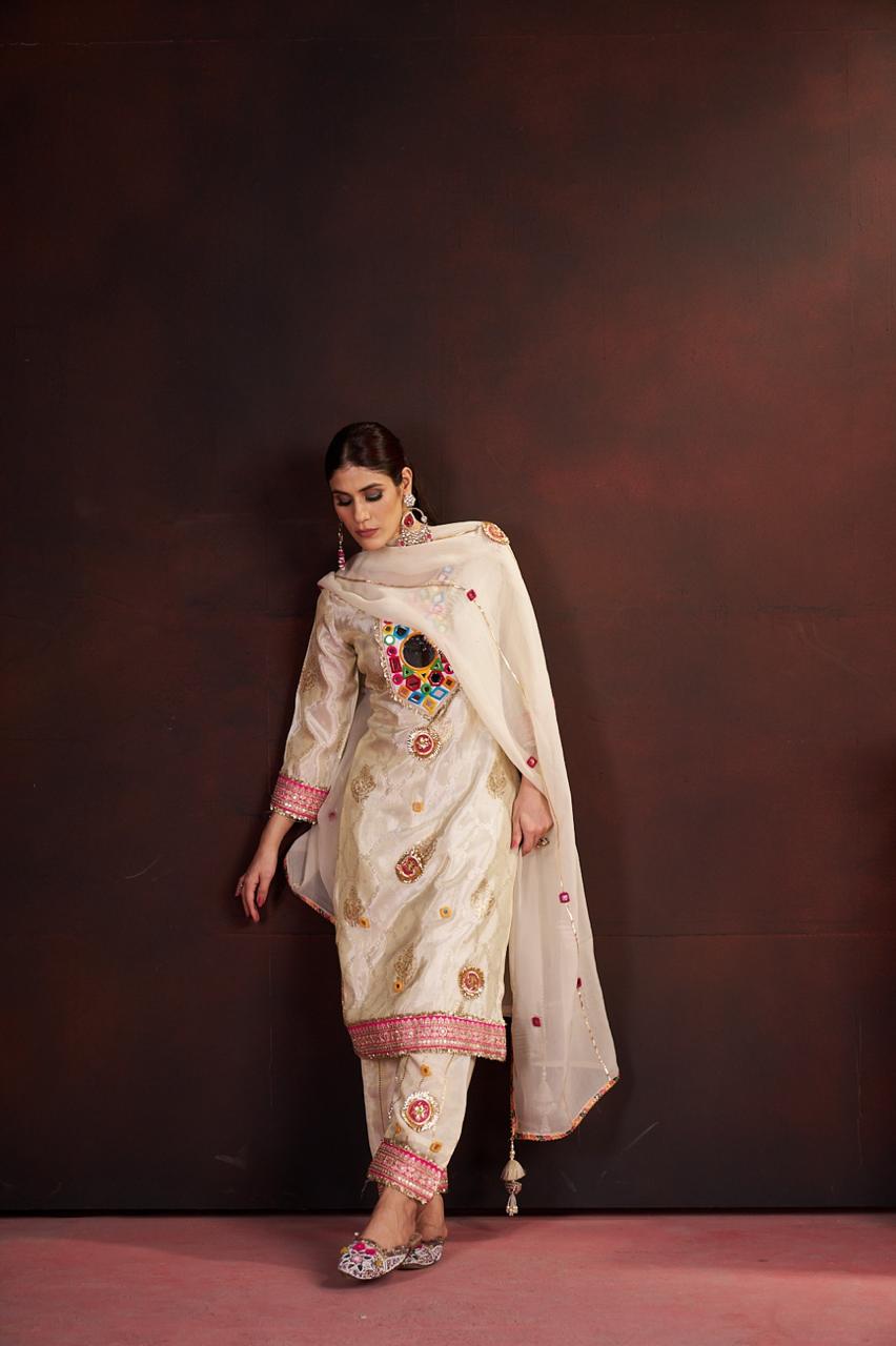 Mirror work tissue slim fit suit set