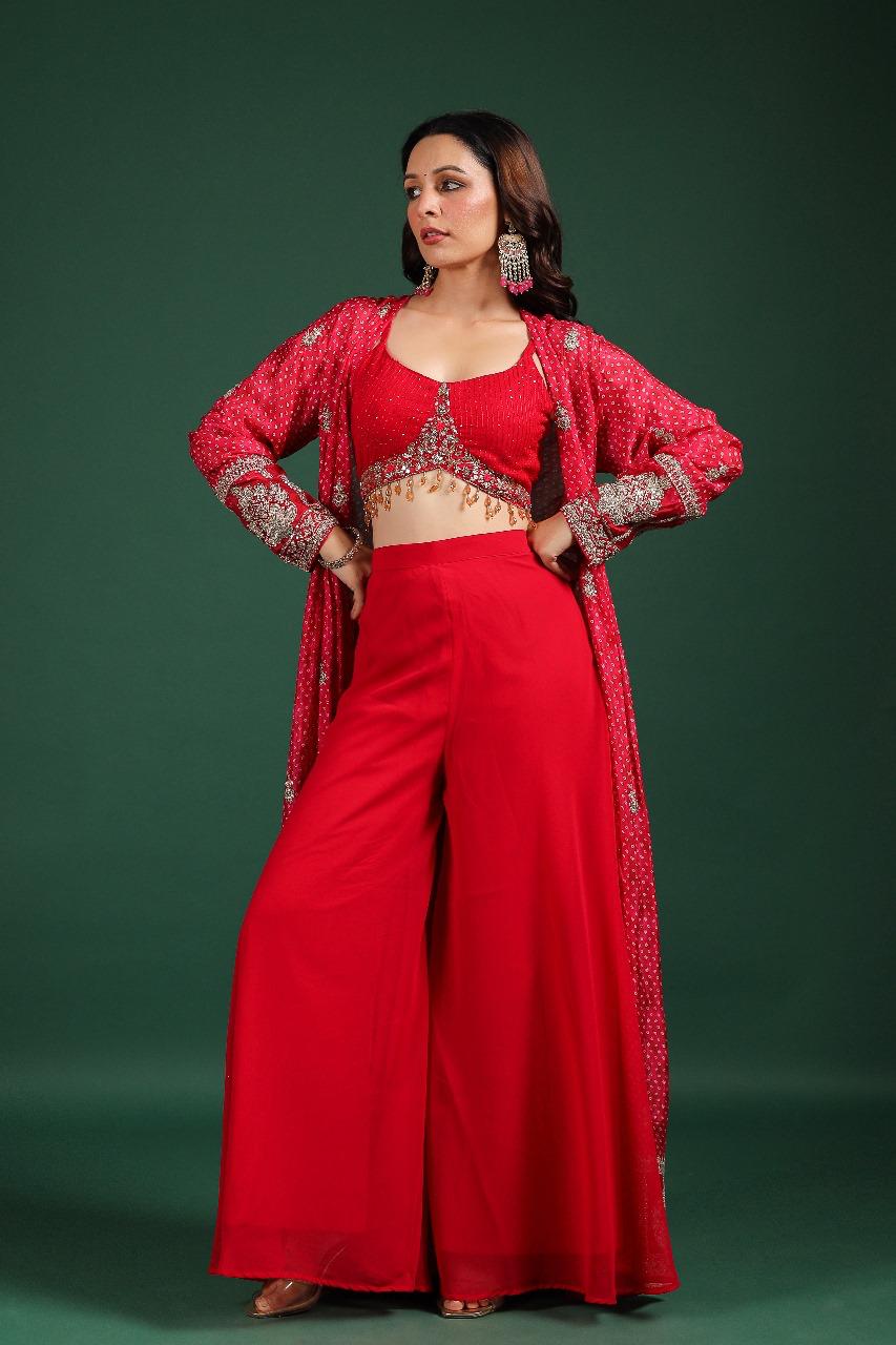 Premium georgette heavy handwork designer party wear. Blouse, cape n pant