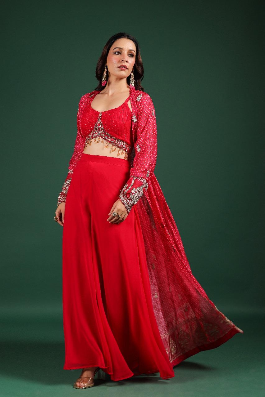 Premium georgette heavy handwork designer party wear. Blouse, cape n pant