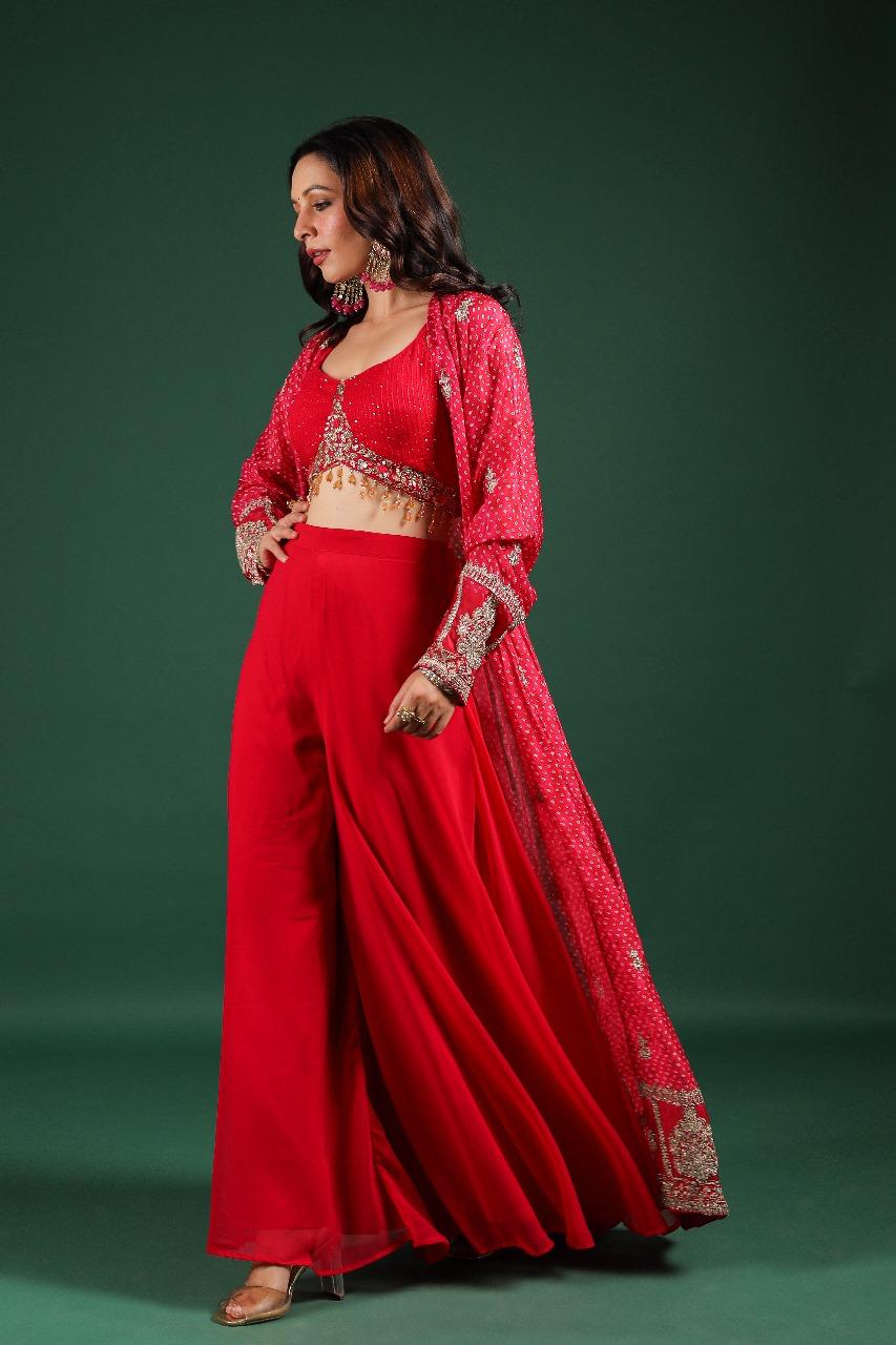 Premium georgette heavy handwork designer party wear. Blouse, cape n pant