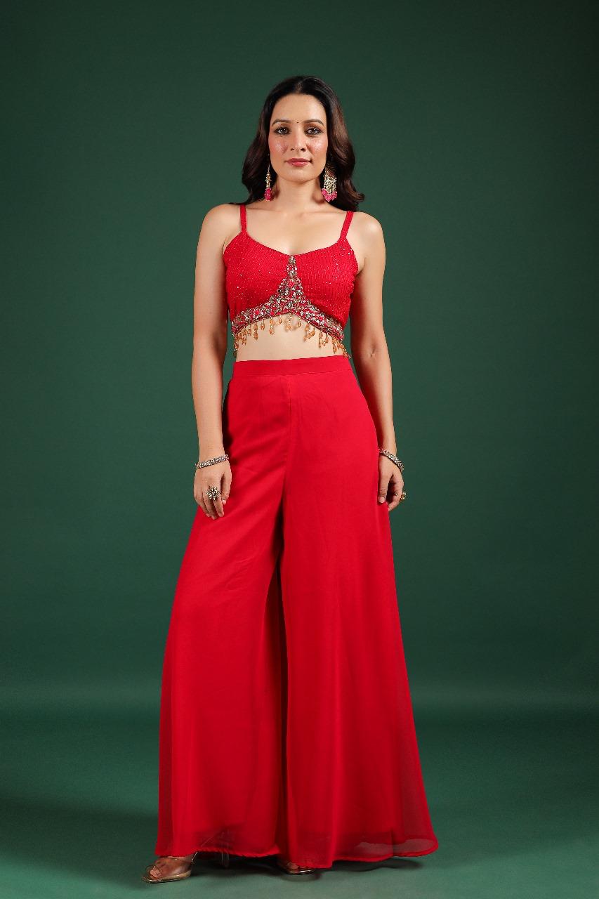 Premium georgette heavy handwork designer party wear. Blouse, cape n pant