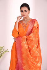 Pure dola silk hand work kurta paired with chinon sharara and Banarasi dupatta