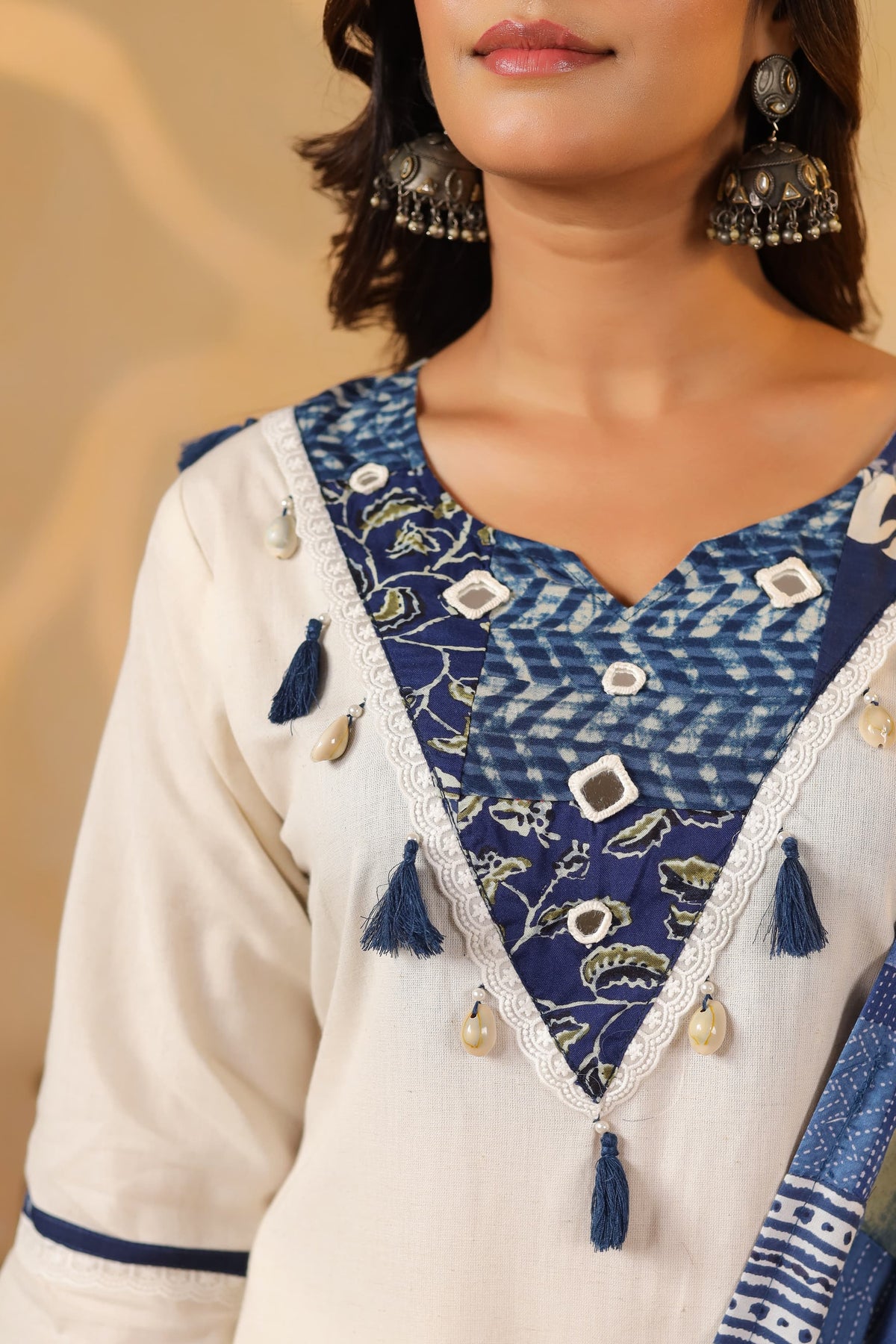 Pure cotton indigo blue patch work suit set