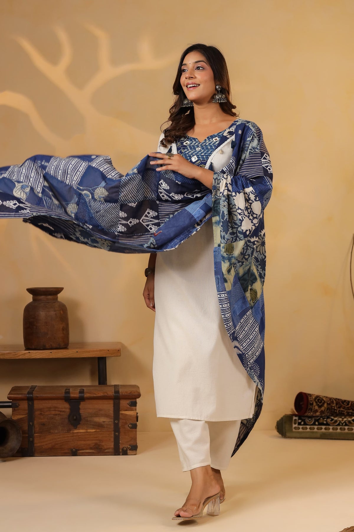 Pure cotton indigo blue patch work suit set