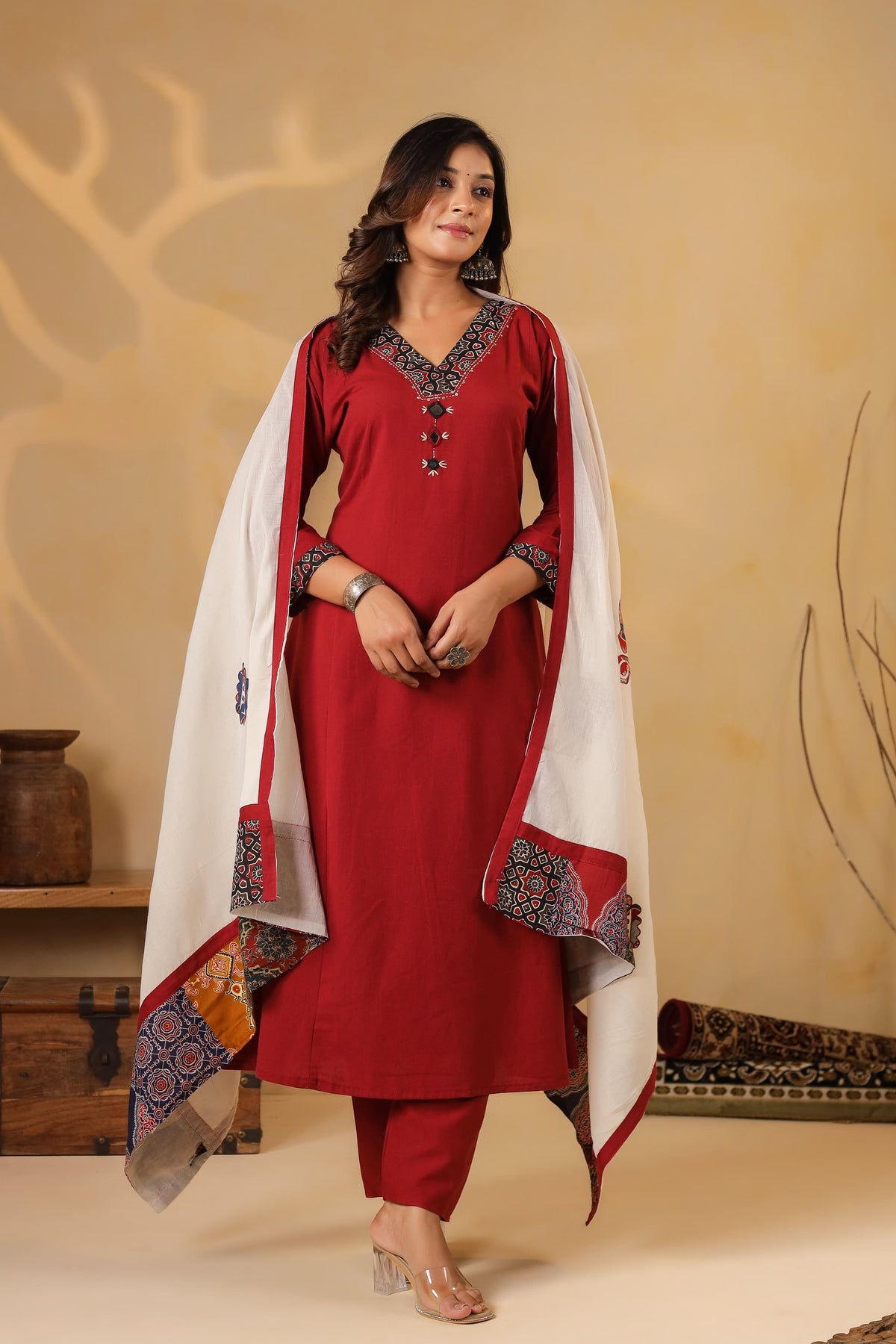 Pure cotton appliqué suit set paired with super soft dupatta in red