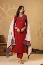 Pure cotton appliqué suit set paired with super soft dupatta in red